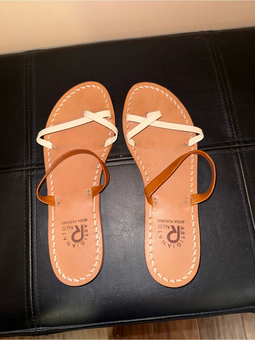 Artigianato Rallo Leather Toe-Loop Sandals in Tan and Cream